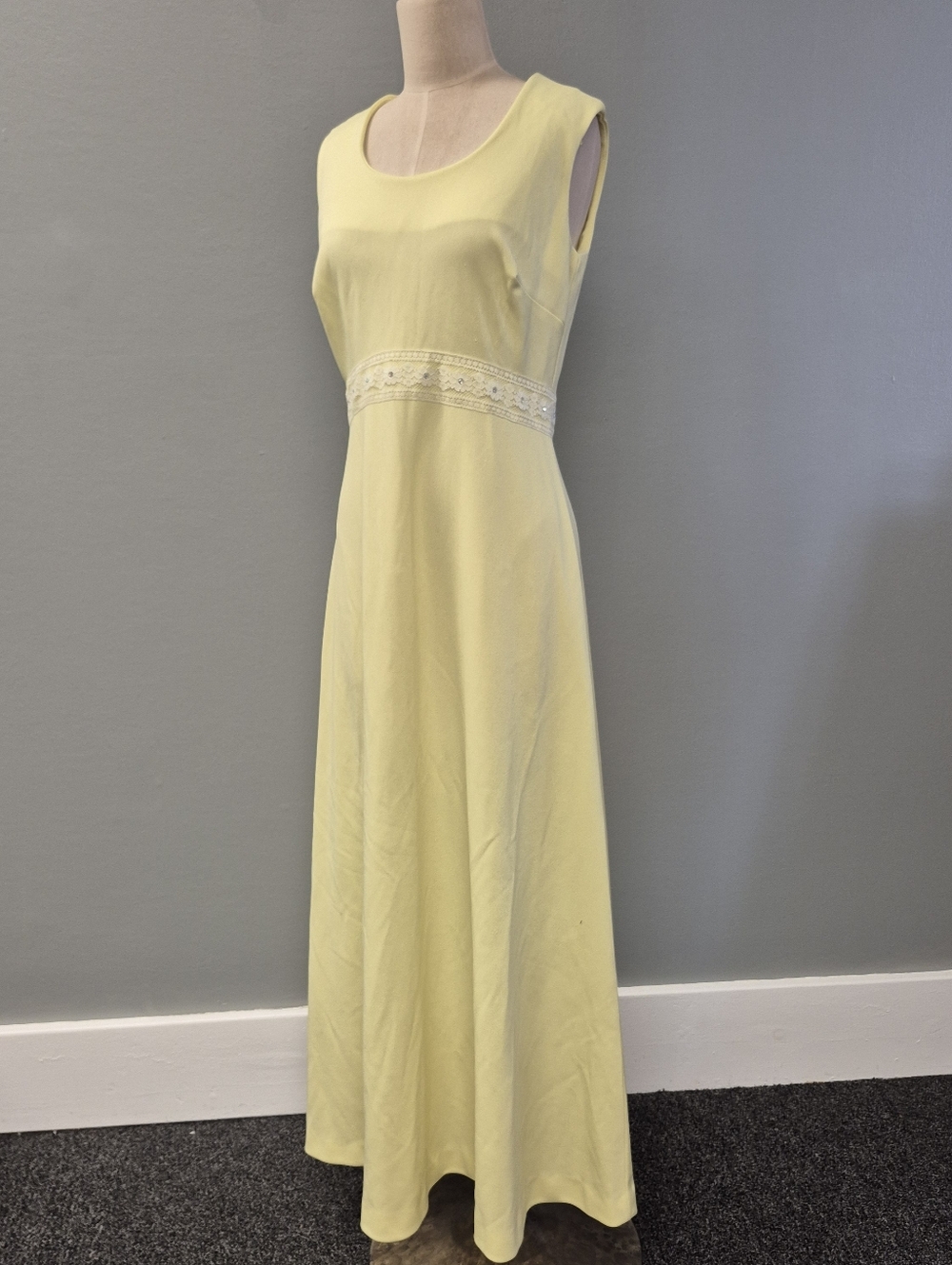 Vtg 70s Changes Yellow Maxi Dress ILGWU Lace Rhinestone Waist Cottagecore M